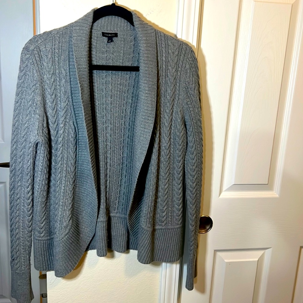 Talbots Gray Grey Lambswool blend chain link Cable knit waterfall Open Cardigan